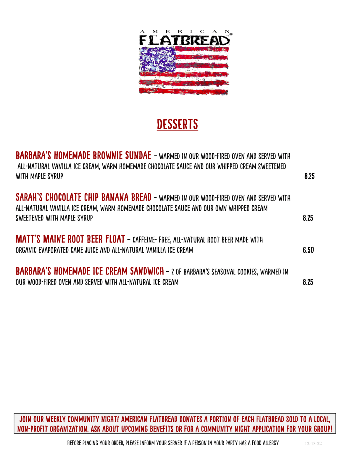 Menus American Flatbread Brighton & Brighton Bowl