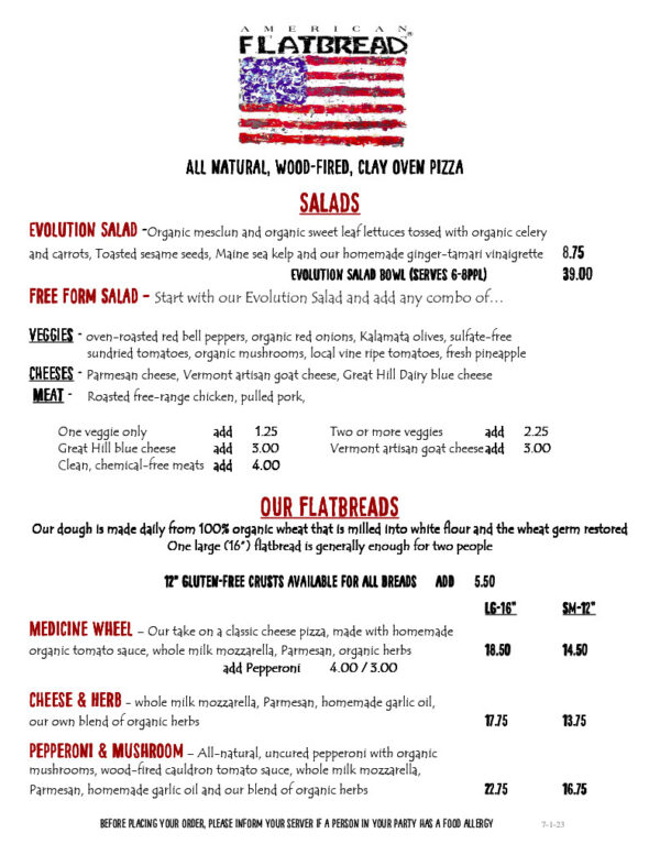 Menus American Flatbread Brighton & Brighton Bowl