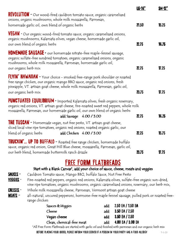 Menus American Flatbread Brighton & Brighton Bowl